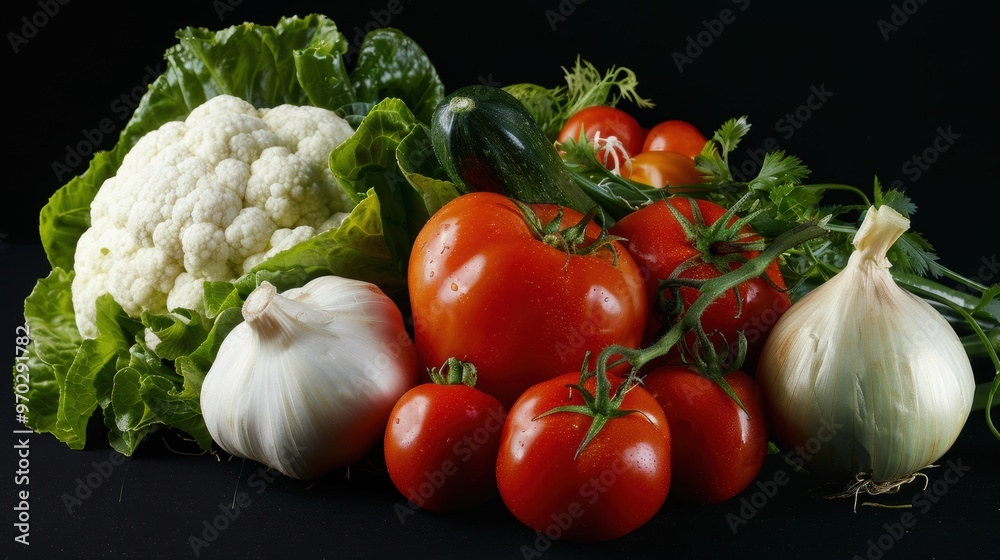 Brightly colored fresh vegetables like tomatoes, cauliflower, lettuce, and onions are artfully arranged against a dark background Brightly colored fresh vegetables like tomatoes, cauliflower, lettuce, and onions are artfully arranged against a dark background