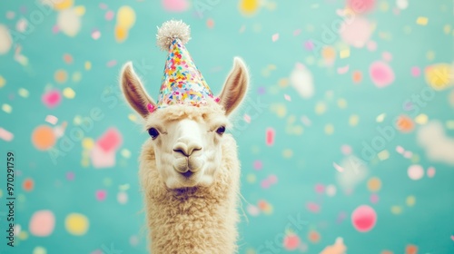 A llama dons a vibrant party hat, surrounded by falling confetti, adding joy to the celebratory moment photo