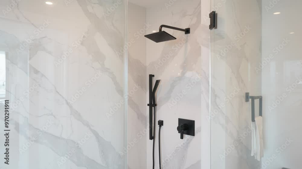 Modern bathroom shower area. Glass door, marble walls with gray veining, black showerhead and hand-held sprayer, white flooring