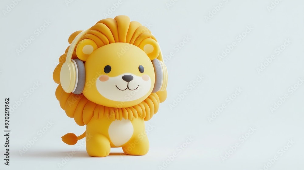 A cute, stylized lion figure wearing headphones, designed for playful and cheerful vibes.