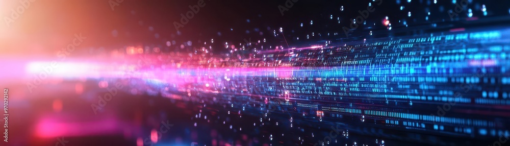 An abstract wave of sound and light frequencies, with raindrops morphing into digital particles as they fall into the technological vortex An abstract wave of sound and light frequencies, with raindrops morphing into digital particles as they fall into the technological vortex