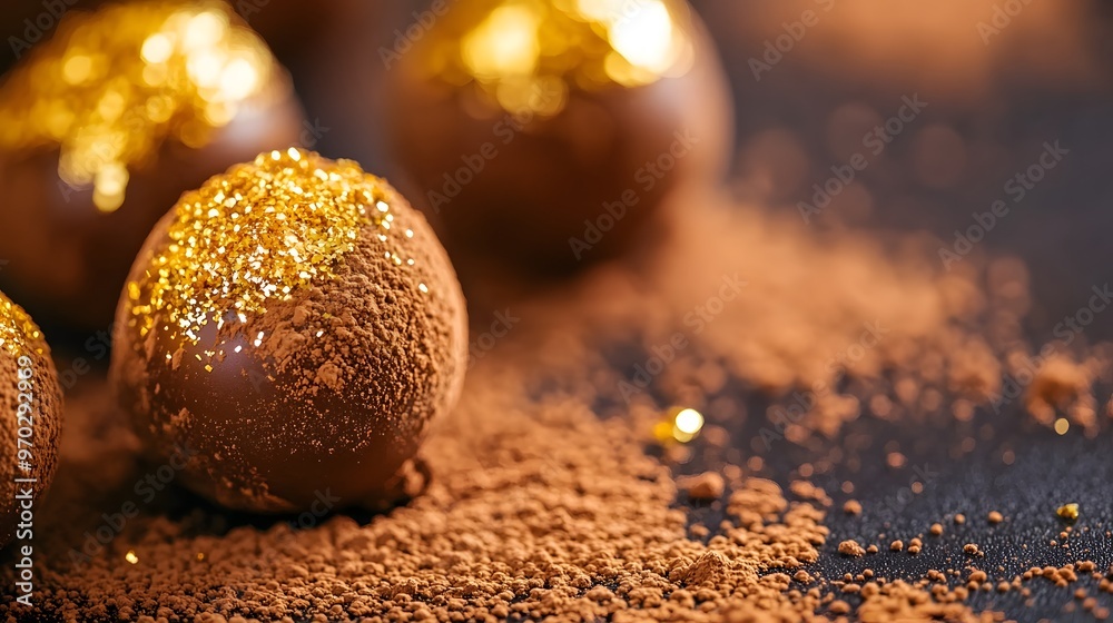 Fototapeta premium A close-up of a beautifully decorated chocolate truffle, rolled in cocoa powder and dusted with edible gold flakes