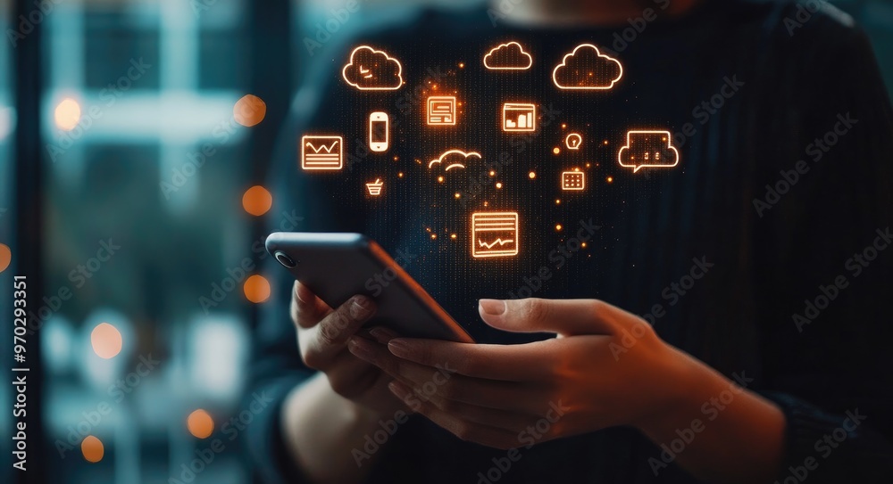 A person holding a smartphone with glowing icons of cloud computing, social media, shopping, and mobile banking hovering above it, symbolizing the power of mobile technology and digital connectivity. A person holding a smartphone with glowing icons of cloud computing, social media, shopping, and mobile banking hovering above it, symbolizing the power of mobile technology and digital connectivity.