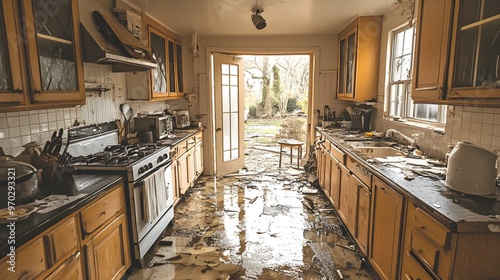 Kitchen flood aftermath, water splashing from broken pipes, with soaked cabinetry and countertops, emphasizing the need for insurance coverage