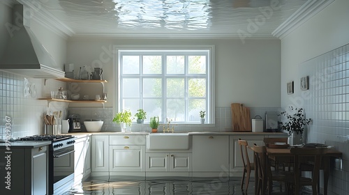 Kitchen interior showing water stains on the ceiling, dripping water, visible damage for home insurance claims, realistic flood aftermath details