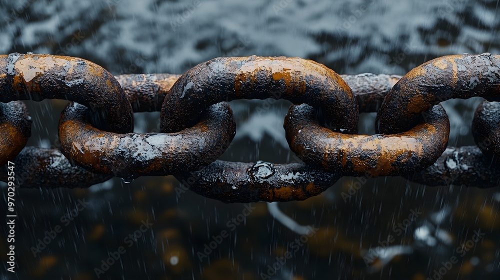 Metal chain link fence rusting in flooded basement, close-up of rusty links, water reflections on the surface, high detail and realism Metal chain link fence rusting in flooded basement, close-up of rusty links, water reflections on the surface, high detail and realism