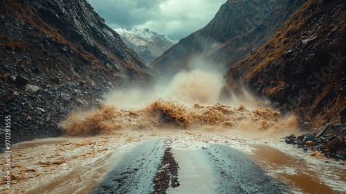 Muddy floodwater rushing through a mountain valley with steep rocky cliffs during a storm representing the destructive force of nature in rugged landscapes