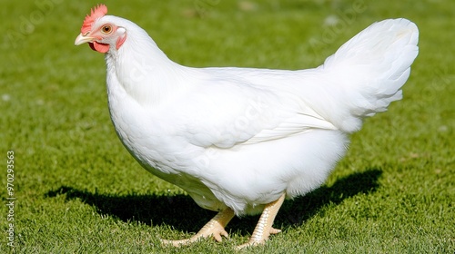 White Chicken Roaming in a Green Backyard, Highlighting the Natural Outdoor Setting and Rural Charm