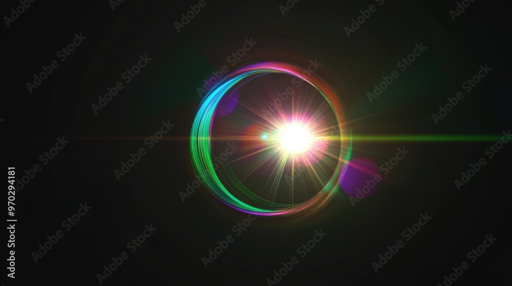 Obraz premium Abstract Green Iridescent Light Sun Lens Flare Isolated On Black Background Photography Overlay Effect Element