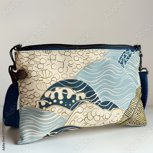 Stylish blue and gold patterned bag with a zipper closure and a detachable strap. photo