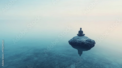 A figure sits in meditation on a rock, immersed in calm waters, embodying serenity at dawn photo