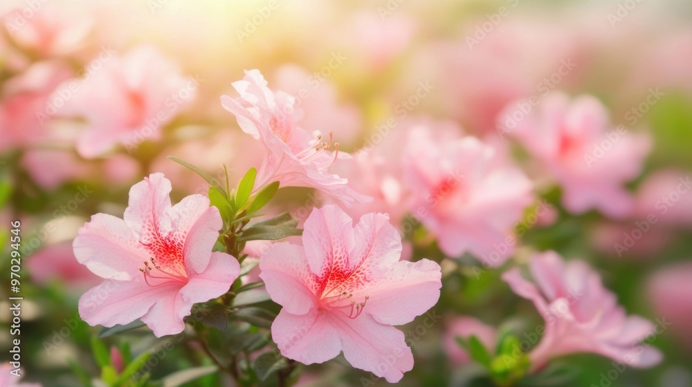 Delicate pink azalea flowers bloom beautifully in soft sunlight, enhancing the garden's vibrant atmosphere Delicate pink azalea flowers bloom beautifully in soft sunlight, enhancing the garden's vibrant atmosphere