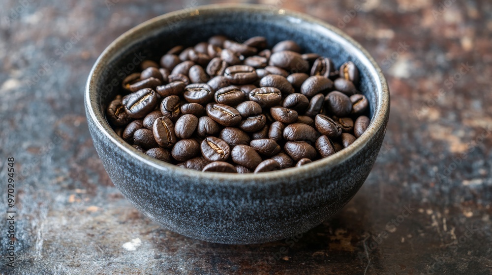 Fototapeta premium Bowl of roasted coffee beans on rustic
