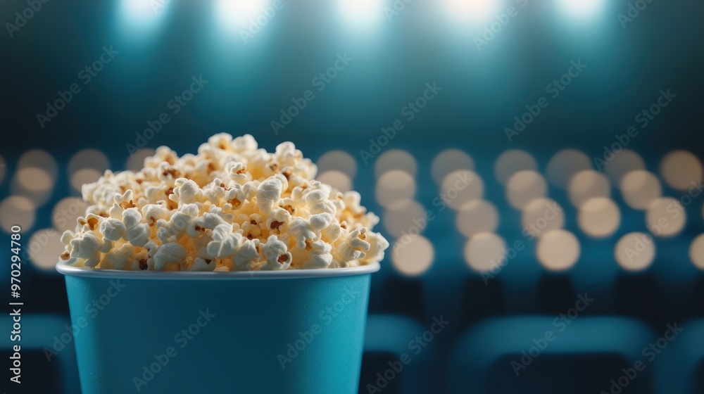A vibrant popcorn bucket sits ready in a movie theater, illuminated by soft blue lights, with blurred seating arranged in rows behind it A vibrant popcorn bucket sits ready in a movie theater, illuminated by soft blue lights, with blurred seating arranged in rows behind it