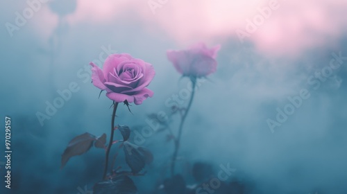 Purple roses rise beautifully, enveloped in dark, mystical smoke, creating a serene and magical ambience in twilight photo