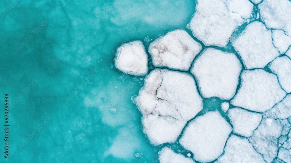Cracked ice formations float in deep blue water, creating unique patterns under a clear sky during the winter season Cracked ice formations float in deep blue water, creating unique patterns under a clear sky during the winter season