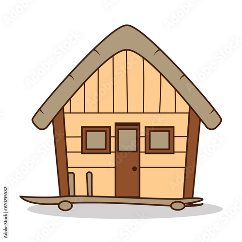 A simple, cartoon-style wooden house with a thatched roof and small windows.