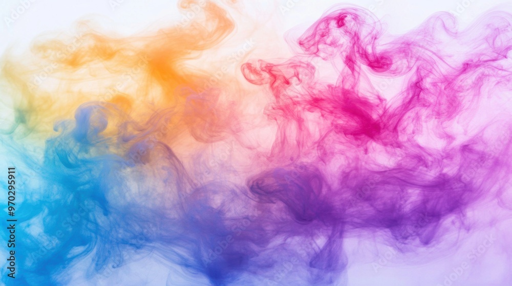 Fototapeta premium Light and color intertwine as swirling smoke forms abstract shapes, showcasing a vibrant spectrum of orange, pink, and blue hues