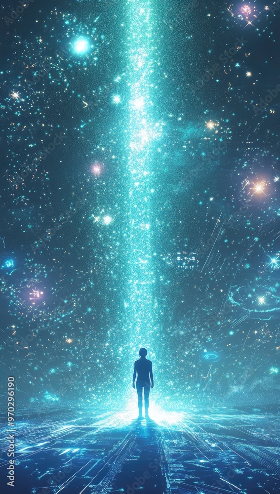 Naklejka premium A solitary figure stands before a glowing, ethereal beam of light that reaches into the vast expanse of the night sky, filled with twinkling stars.