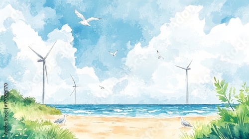 Wind turbines grace a golden beach, as soft watercolor waves brush the shore and seagulls fly high in the pastel sky photo