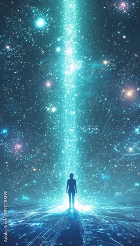 A solitary figure stands before a glowing, ethereal beam of light that reaches into the vast expanse of the night sky, filled with twinkling stars.