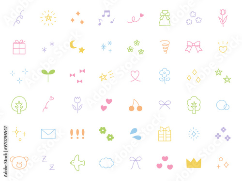 手書き風の飾りイラストのベクターイラストセット。手描き、注目、星、ハート、キラキラ、リボン
