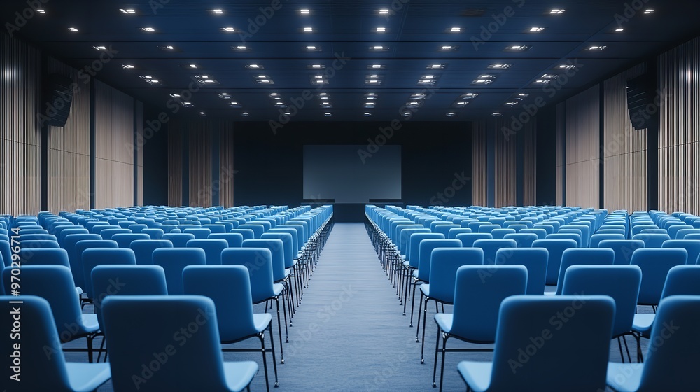 A vacant conference hall featuring rows of blue chairs, viewed from the back. A vacant conference hall featuring rows of blue chairs, viewed from the back.