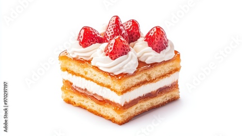 Delicious cake slice topped with fresh strawberries and cream, perfect for dessert lovers and food photography.