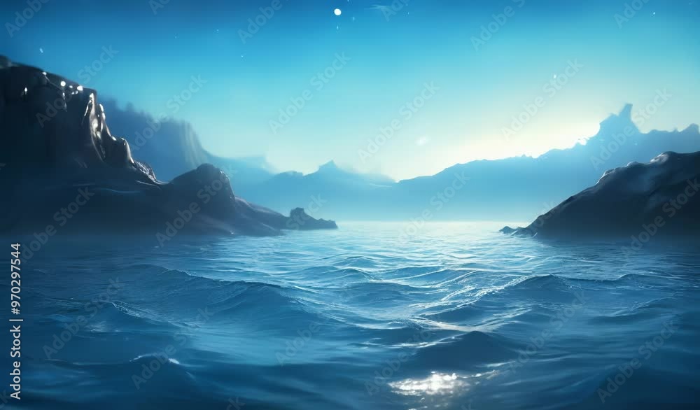 Blue Ocean and Mountains at Sunrise or Sunset Blue Ocean and Mountains at Sunrise or Sunset