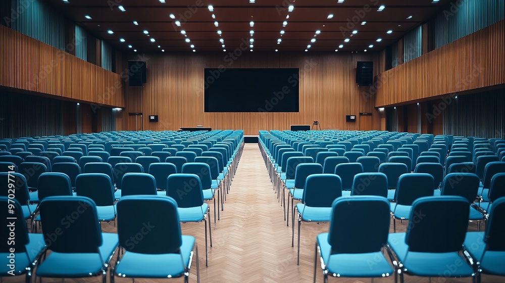 A vacant conference hall featuring rows of blue chairs, viewed from the back. A vacant conference hall featuring rows of blue chairs, viewed from the back.