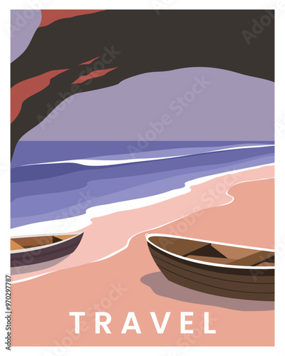 travel posters with beach romantic landscapes in the background. vector illustration with flat style. 