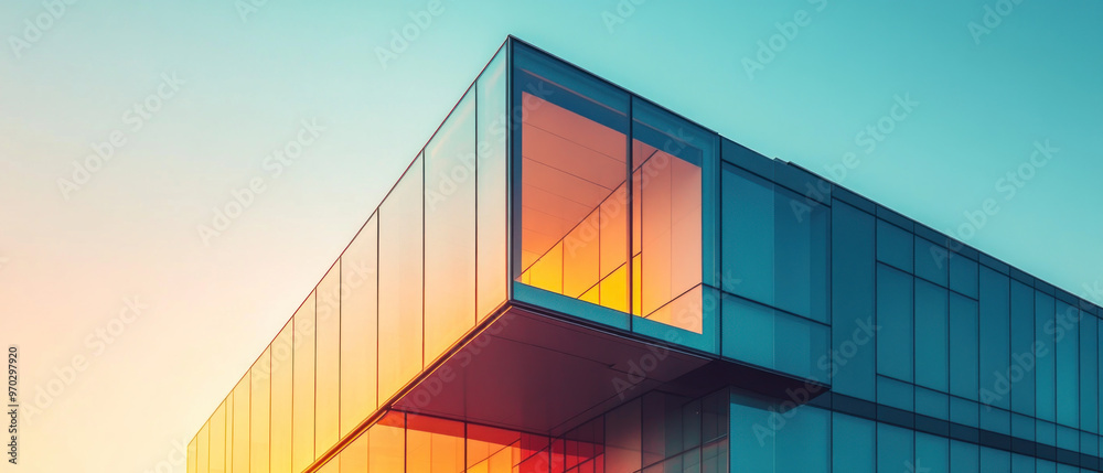 A minimalist building with cantilevered glass facade reflects vibrant colors at sunset. A minimalist building with cantilevered glass facade reflects vibrant colors at sunset.