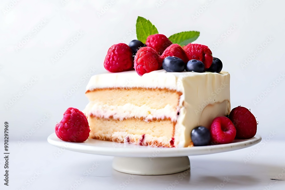 A Slice of White Cake Topped with Raspberries and Blueberries A Slice of White Cake Topped with Raspberries and Blueberries