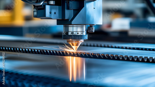 laser cutting machine in a large manufacturing facility, cutting through multiple sheets of metal stacked together, optimizing production times while maintaining precision photo