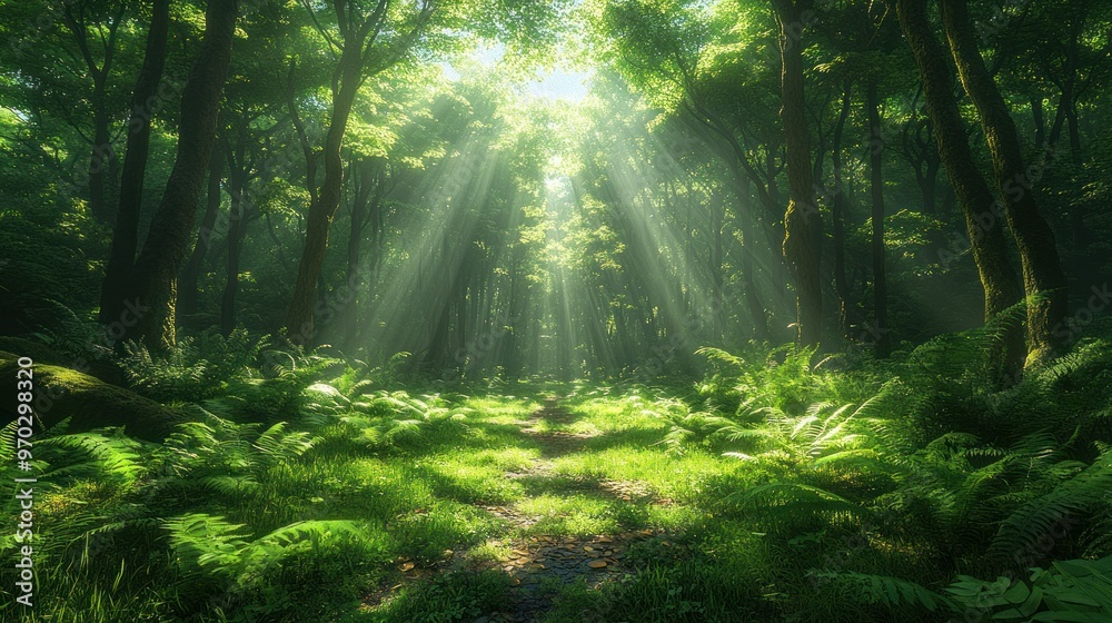 Obraz premium Sunbeams Illuminating a Path Through a Lush Green Forest