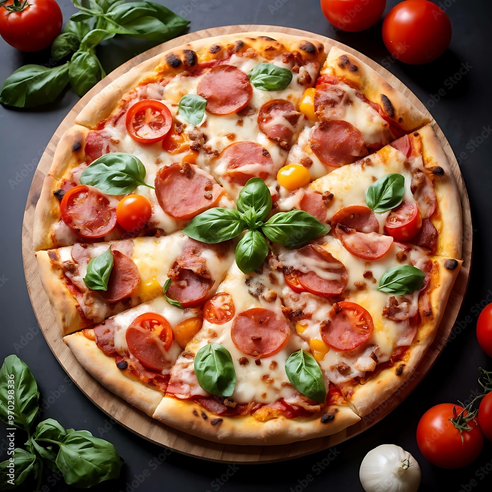 Delicious Pizza with Salami, Bacon, Tomatoes, and Basil Delicious Pizza with Salami, Bacon, Tomatoes, and Basil
