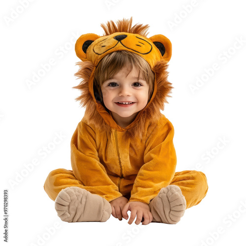 Cute little boy dressed in lion suit for halloween full length isolate on transparency background photo