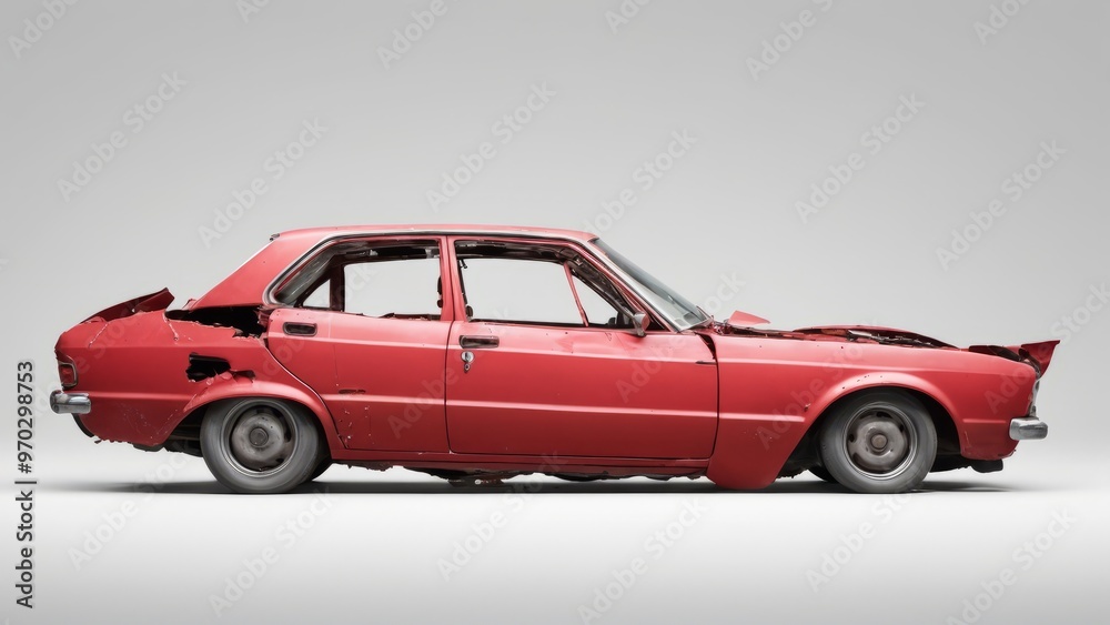 Damaged red car side view isolated background Damaged red car side view isolated background
