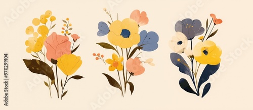 Three Beautiful Watercolor Flower Blooms With Leaves