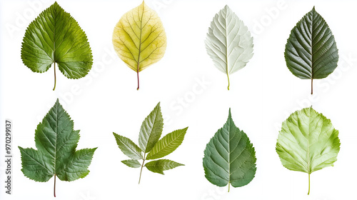 Collection of various green leaves, isolated on white background