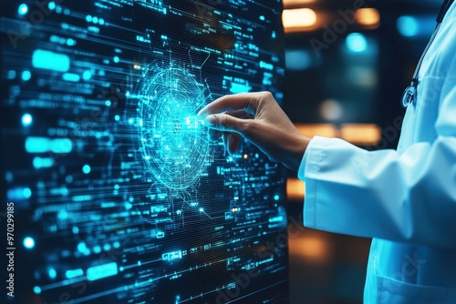 Doctor Interacting with Digital Brain: A healthcare professional in a white coat interacts with a digital brain interface, representing the convergence of technology and medicine in a futuristic medic