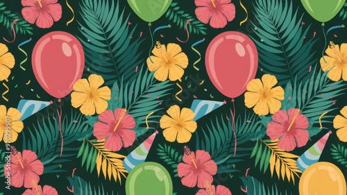 A tropical-themed birthday pattern with palm leaves, hibiscus flowers, and balloons scattered playfully in bright, festive colors