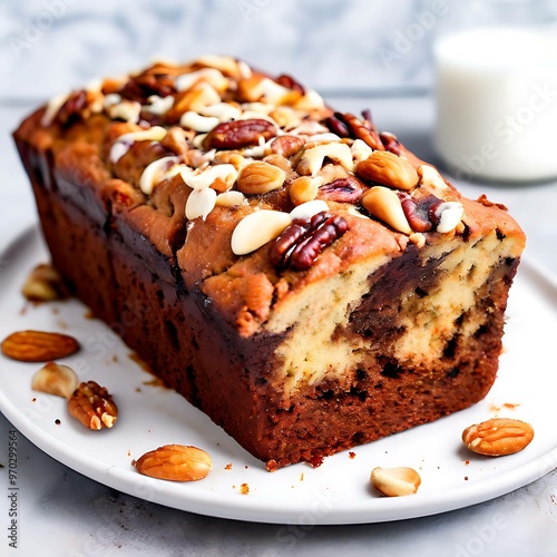 Swirled Chocolate and Banana Loaf Cake Topped with Pecans and Almonds photo