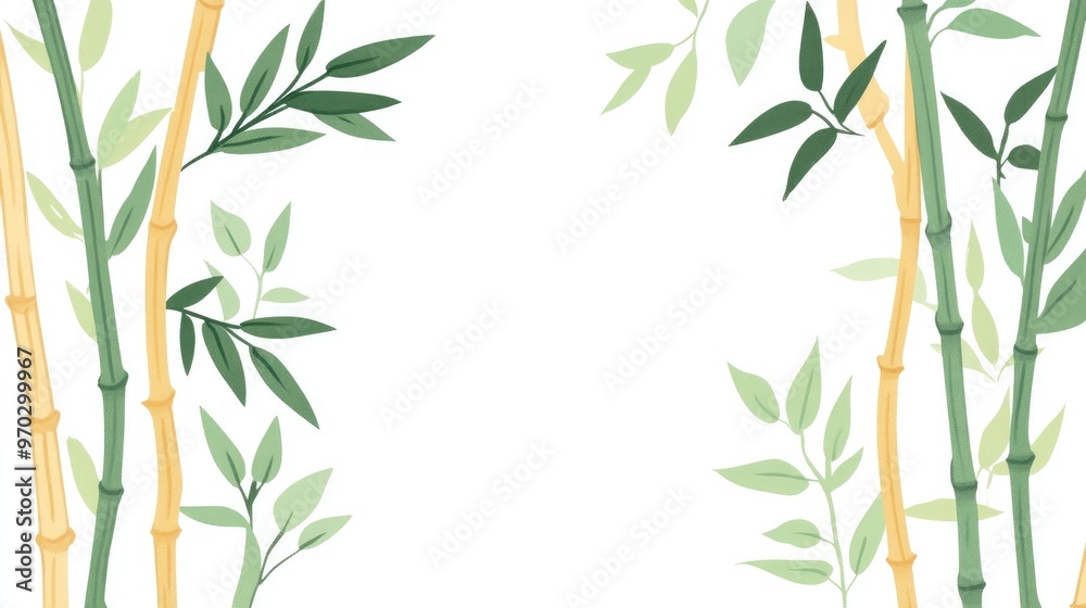 Fototapeta premium Bamboo Sticks And Leaves On White Background Minimal Design For Sustainability