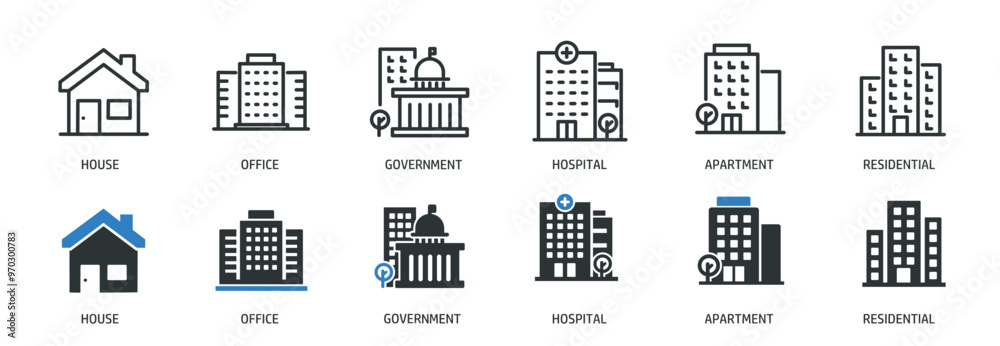 Building line and glyph solid icons collection. Minimal icon and symbol series vector illustration Building line and glyph solid icons collection. Minimal icon and symbol series vector illustration