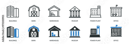 Building line and glyph solid icons collection. Minimal icon and symbol series vector illustration