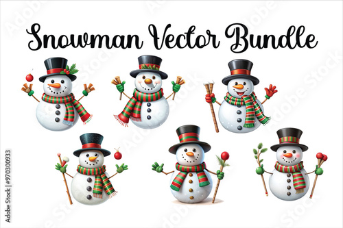 Set of christmas snowmans illustration on white background. Cute Snowmen. Vector illustration of a snowman with a carrot nose, scarf and hat.