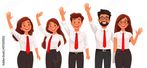 Business team group with diverse people in suits with documents standing, smiling and waving hand. Cartoon vector illustration of male and female corporate coworkers characters community together.