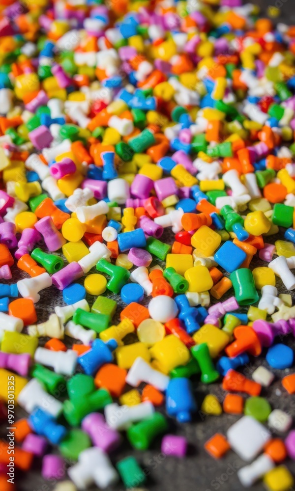 a close-up view of various small, colorful plastic particles scattered on a surface, highlighting their different shapes and vibrant colors a close-up view of various small, colorful plastic particles scattered on a surface, highlighting their different shapes and vibrant colors