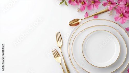 3D rendering of white plates with golden trim, cutlery, and pink flowers on the edges, flat lay, white background. 